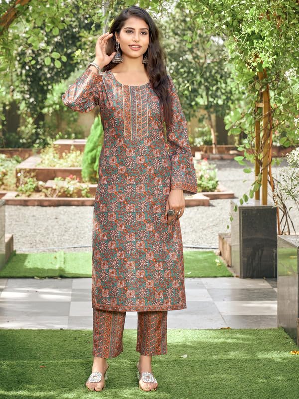 Nainvish Women's Viscose Rayon Printed Straight Round Neck Kurta Pant With Dupatta (Sd706_Kbd-M_Brown)