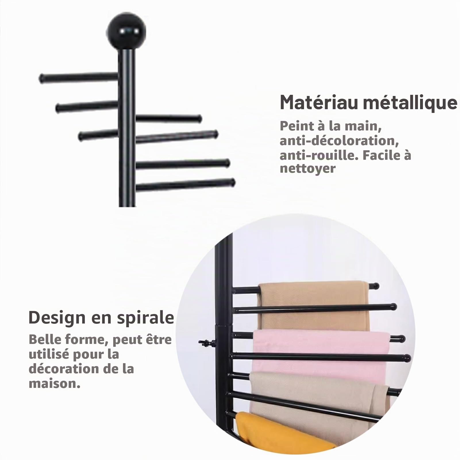 Présentoir autonome en métal pour écharpes en spirale, hijab pour magasin de vêtements, maison commerciale, étagères peu encombrantes (42 x 170 cm, noir)