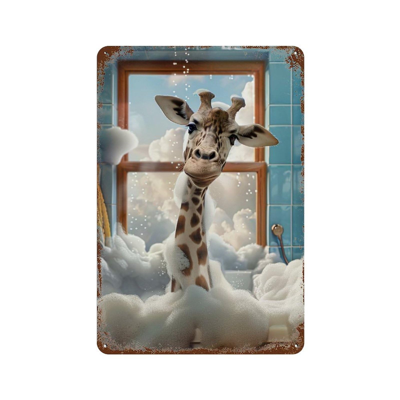 Rustic Tin Plaque Giraffe in A Bubble Bath 11.8"x7.9", Vintage Wall Decor for Pub, Kitchen And Man Cave Decor