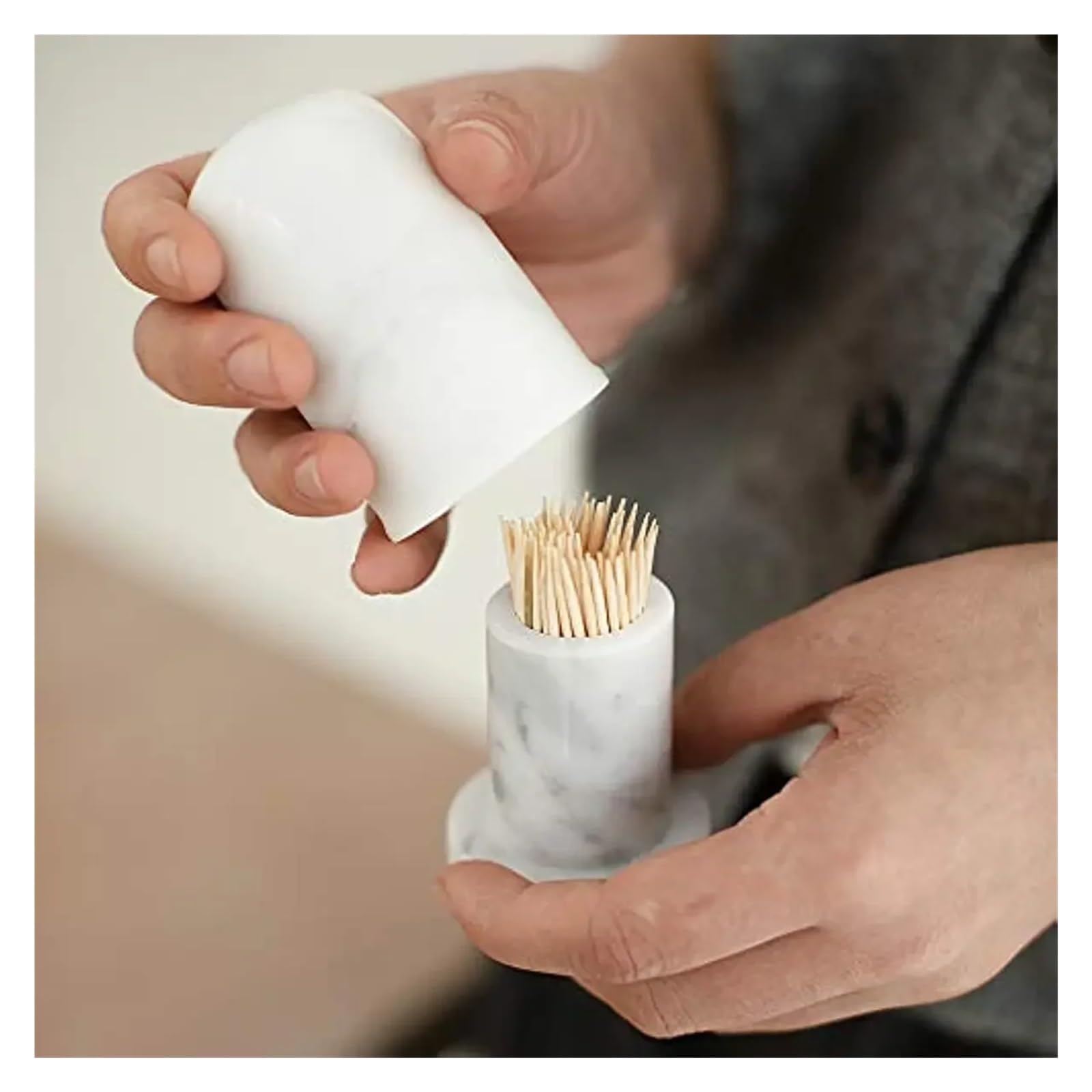 Caso Stuzzicadenti Porta stuzzicadenti in marmo da 1 pezzo con coperchio dispenser in porcellana, scatola for bastoncini cocktail, serbatoio di stoccaggio for cotone for hotel