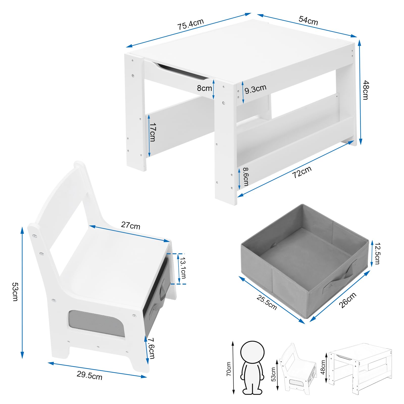 Lestarain Juego de Mesa y Sillas Infantiles, Mesa con Pizarra y 2 Sillas para Niños de Caja Almacenaje, Encimera Reversible, Mueble Infantil para Guardería y Habitación Infantil, Blanco