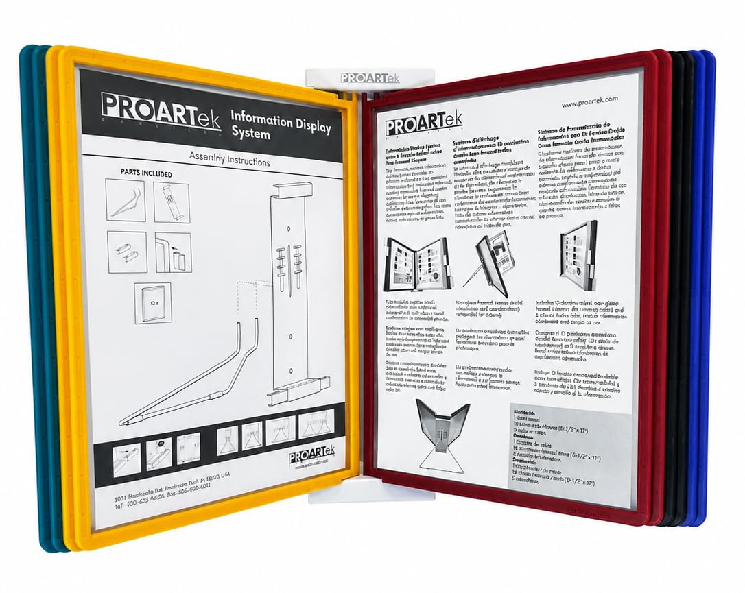 Proartek PK00081 Sistema di visualizzazione delle informazioni; 10 guaine antiriflesso su entrambi i lati; colori assortiti; base ponderata; per orari, elenchi telefonici, istruzioni e cataloghi
