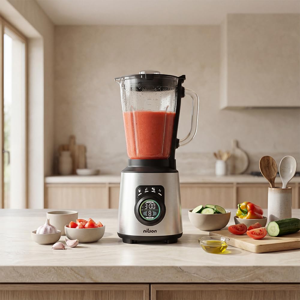 Batidora de Vaso Nutricional, 1200 W Potencia Máxima, Capacidad 1,5 L, 9 Velocidades, Display LED Manual, Tritura, Mezcla y Pica Hielo, Función Turbo, NTB1200DX, Cable 80 cm, Inox