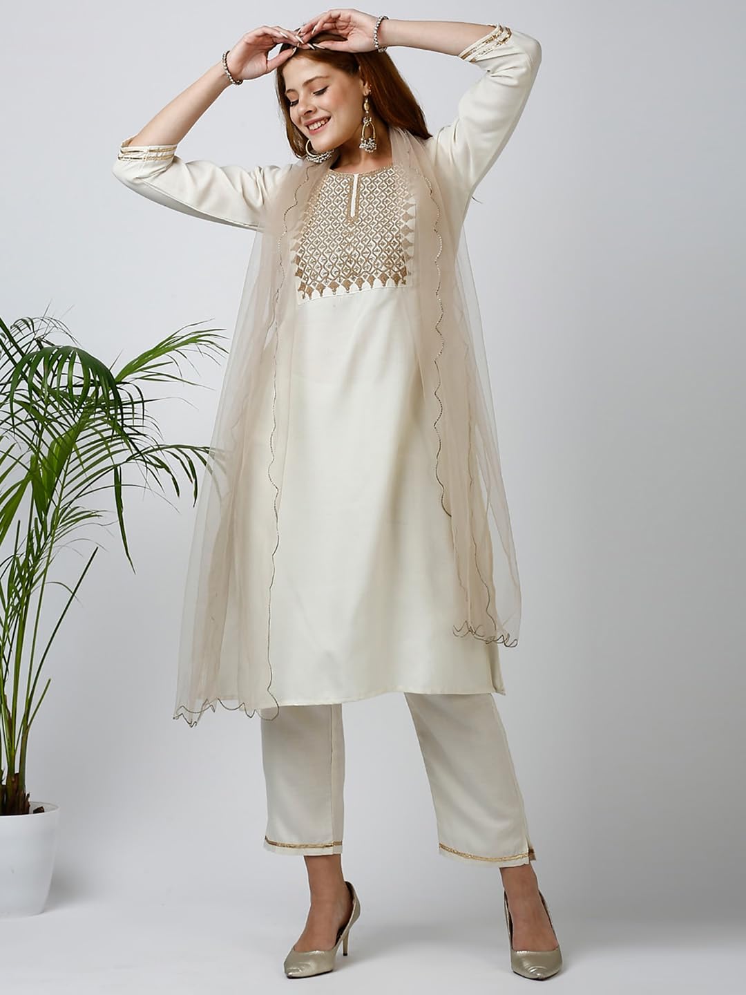 Gufrina Women's Cotton Blend Kurta Pant With Round Neck 3/4Th Sleeves Solid Pattern Embroidery Work Regular Fit And Calf Length