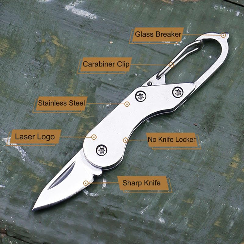 Image of CAPMORA Mini Folding Utility Tool Keychain, Metal, with Carabiner Clip, Compact Everyday Carry for Package Opening and Outdoor Use (SILVER LOCK)