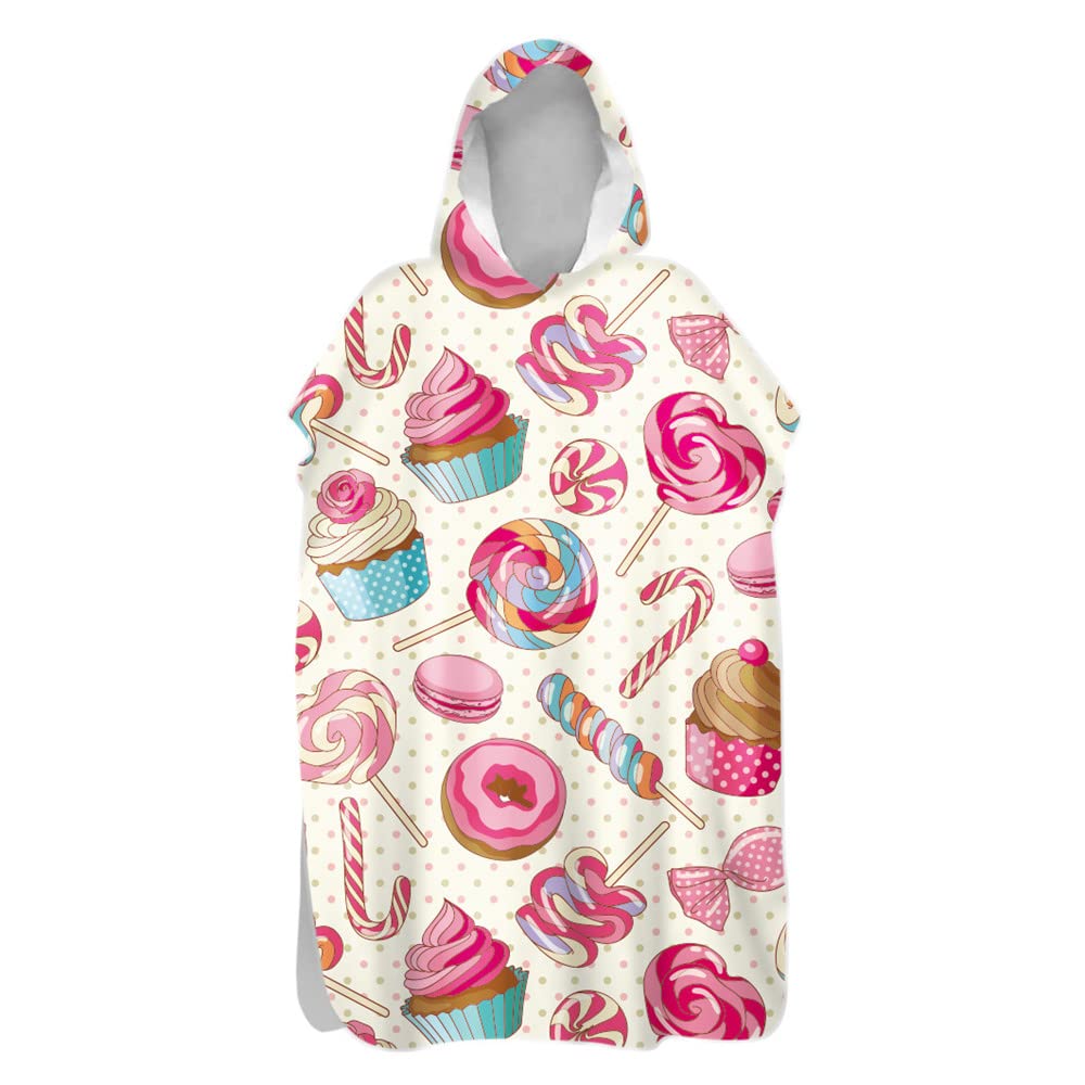 Treer Poncho Changing Robe Hooded, Dessert Cake candy Print Large Beach Towel Quick Dry Light Weight Blanket Towel with Hood for Surfing Swimming Wetsuit Adult Woman & Man (beige,60x110cm)