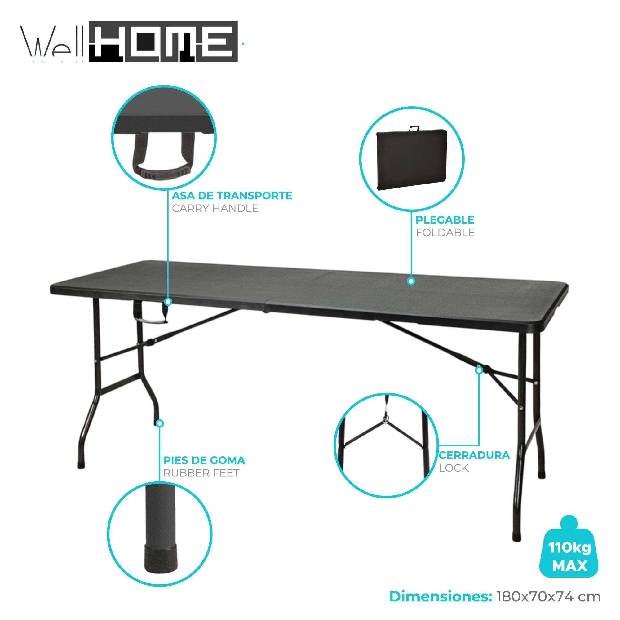 Well Home Mesa Plegable Negra con Mecanismo de Bloqueo Automático 180x70x74cm