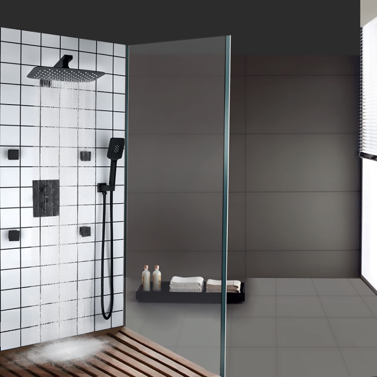Sistema de Ducha Juego de Grifo de Ducha Negro Juego Combinado de Ducha de Lluvia de 12 * 8 Pulgadas Kit de moldura de Ducha y bañera montado en la Pared con rociador de Mano de 3 Modos y Cabezal de