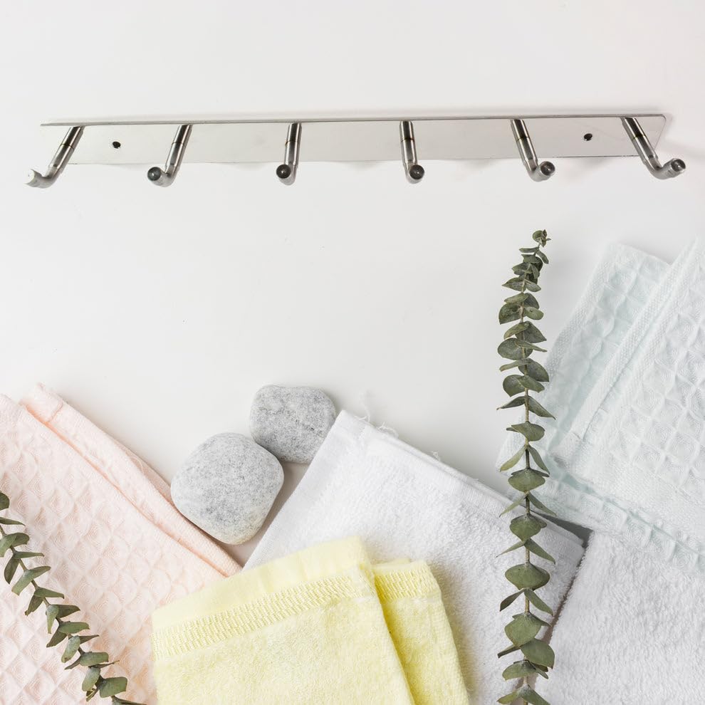 Madhabi Stainless Steel Wall Mounted Coat Rack with 6 Hooks | Heavy Duty Clothes, Towel, and Bag Hanger for Entryway, Bedroom, Bathroom, Kitchen, and Office β 32x3 cm (1 Pc) 2