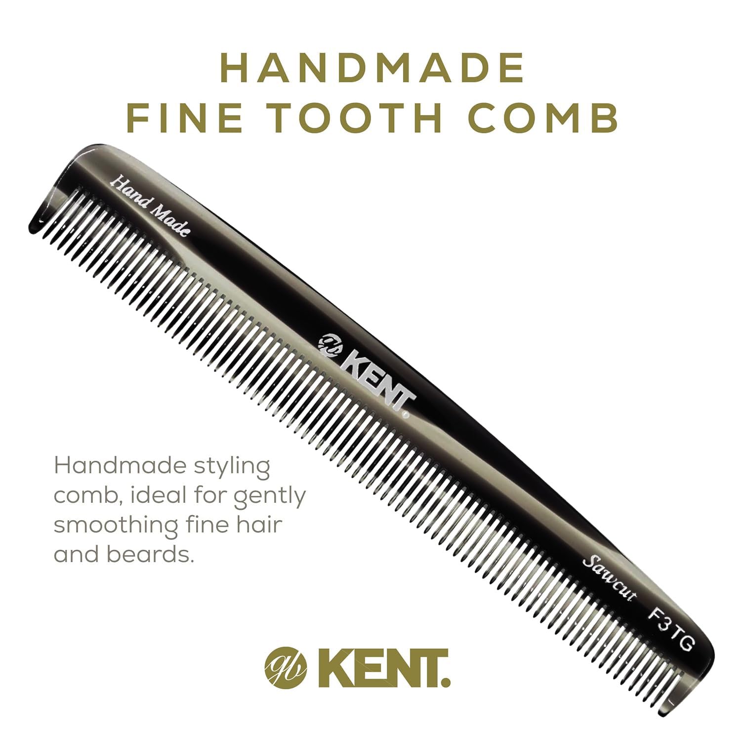 Kent F3T - Peine de dientes finos de grafito negro, peine para separar y alisar el cabello para hombres y mujeres, corte de sierra y pulido a mano, fabricado en Inglaterra