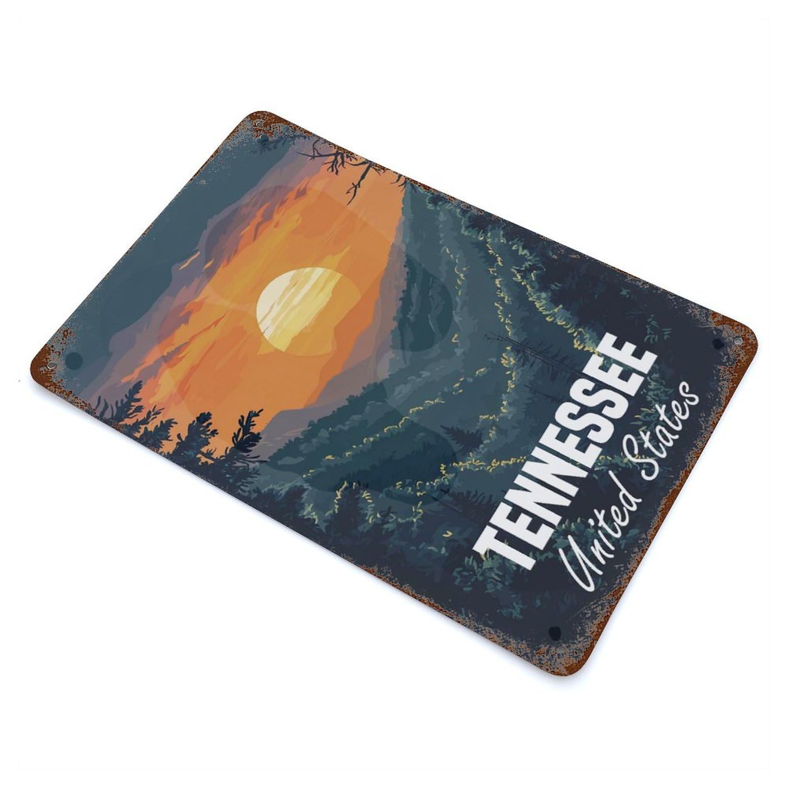 Rust Effect Tennessee Sunset Landscape Vintage Rust Metal Sign 11.8"x7.9", Vintage Wall Decor for Garage, Bar And Workshop Decor