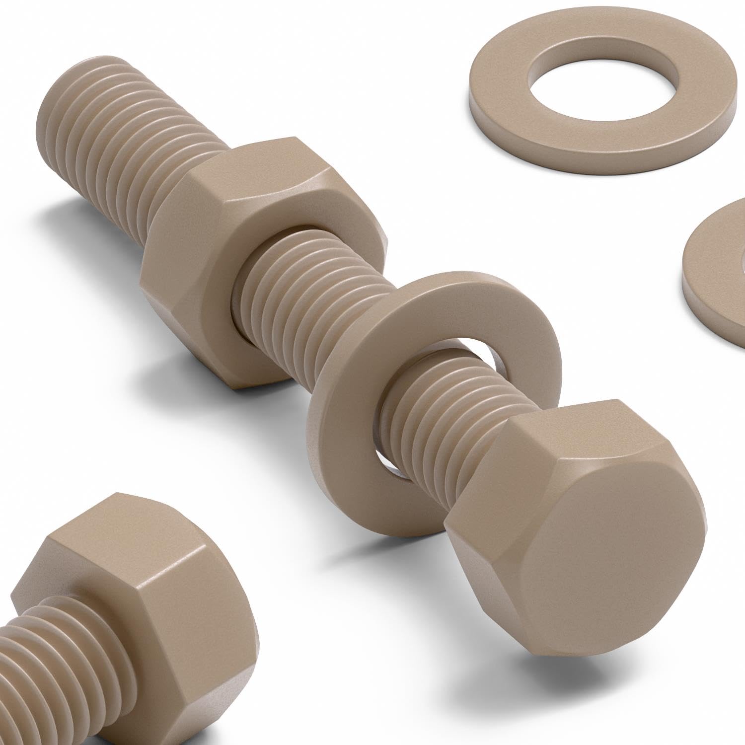 5x Viti a testa esagonale naturali in PEEK M10 x 65 mm + dadi & rondelle | Montare e rimuovere con chiave o bussola sulla testa esagonale sporgente.