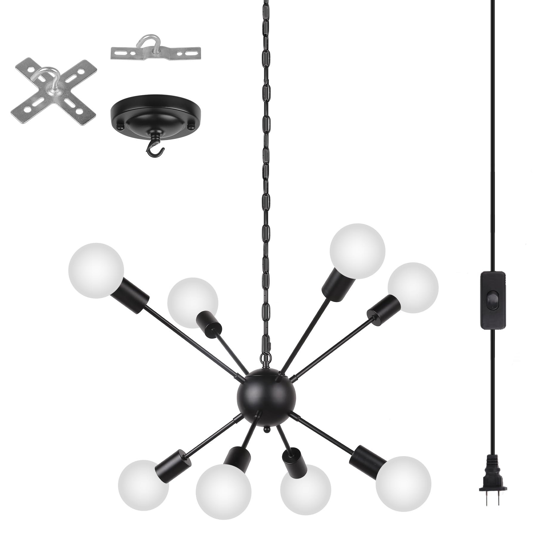 CHENBEN 8 Lights Plug in Chandelier Lighting with Long Cord,Black Plug in Ceiling Light,Hanging Lights with Plug in Cord 16.4ft for Dining Room,