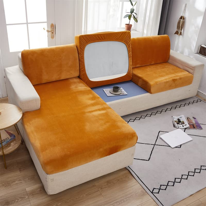 MINGPINHUIUS Soft Velvet Sofa Cushion Cover - Stretch Anti-Slip Sofa Cover Couch Cushion Covers for Sectional Sofa L Shape, Sofa Cushion Slipcover Furniture Protector (Orange, M Back Cover) â image 1