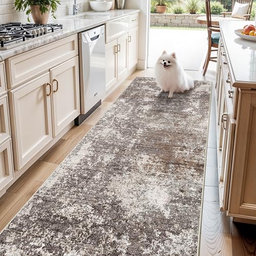 4x10 ft Rug for Wide Hallway – Non-Slip Washable Large Carpet Runner for Kitchen Indoor Entryway Modern Abstract Low-Pile Thin Floor Mat (Brown Beige,4x10)