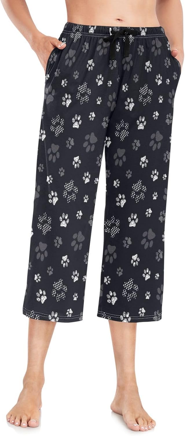 Fustylead Womens Capri Pajama Pants, Flower Floral Lounge Casual Drawstring Bottoms with Pockets S-XXL