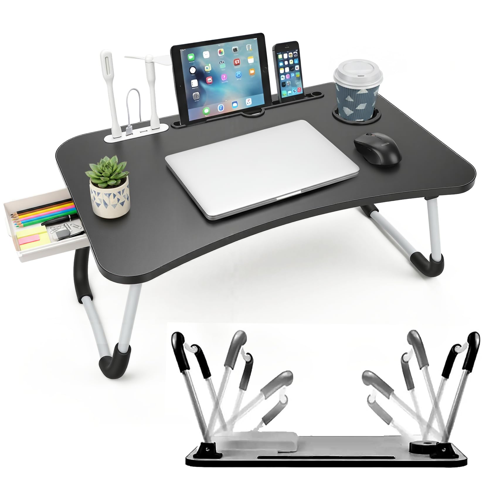 LKH Foldable Laptop Table with USB Hub,Fan LED Light & Side Drawer - 60×40×28 cm Portable Bed Tray with Drink Holder, for Bed, Sofa - Lightweight Folding Bed Desk with Side Tray for Accessories