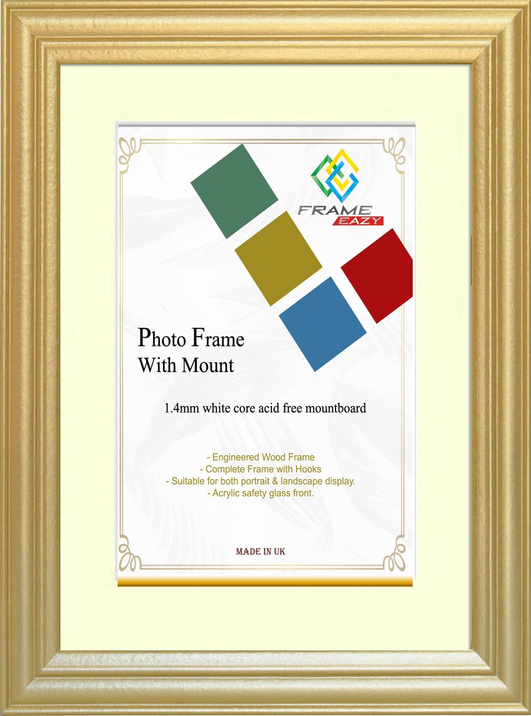 FRAME EAZY Gold 16x12 Photo Frame with 12x10 Ivory Mount - Antique Style Picture Frame With Safe Perspex Front - Frame 16" x 12" For Picture Size 12" x 10"
