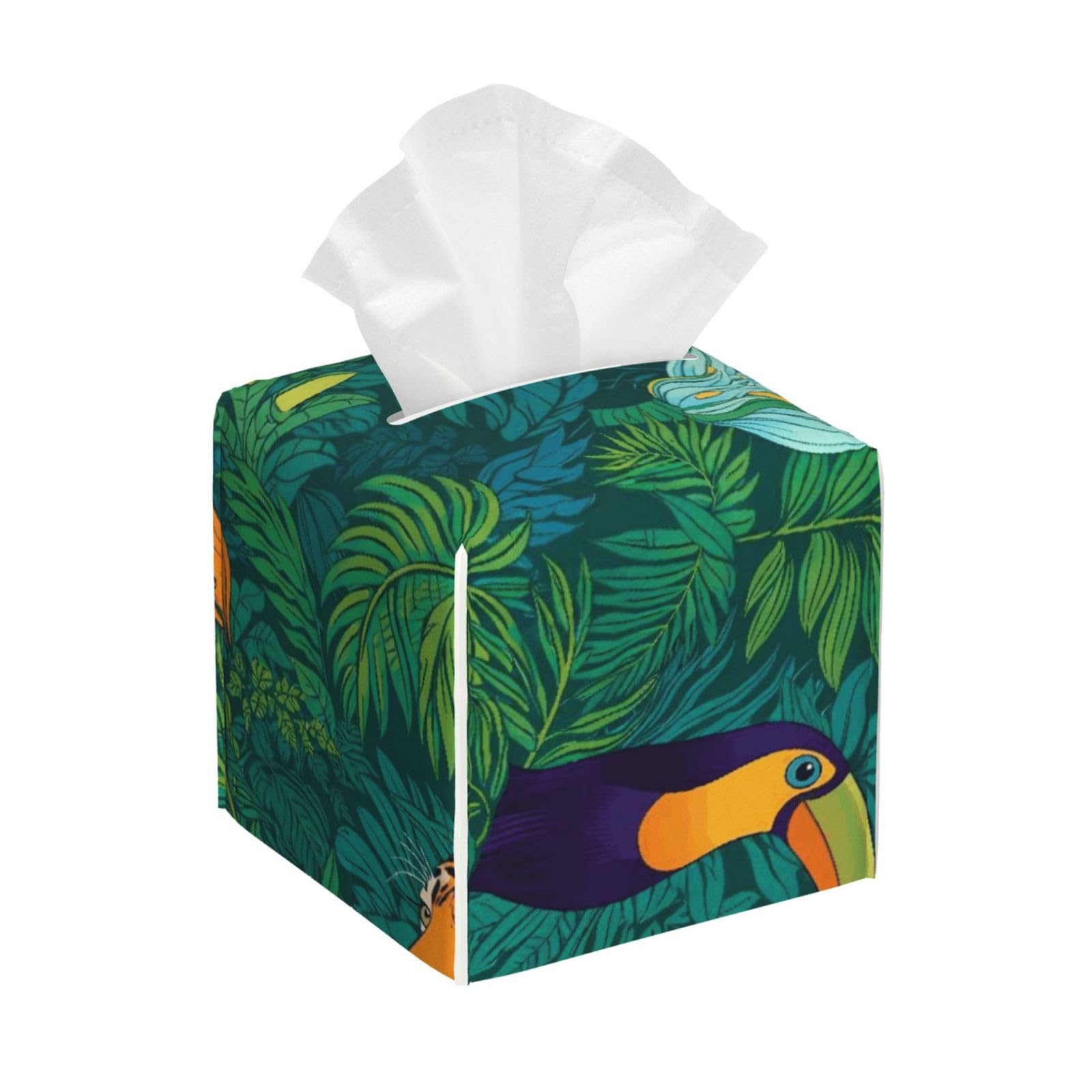 Tropical Wild Animals Tigers Leaf Green Leather Tissue Box Cover Holder Square Facial Paper Organizer 5.2" X 5.2" X 5.2"