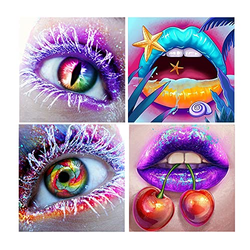 Lot de 4 Peintures Diamant 5D DIY 30x30 cm Diamond Painting Stitch Yeux et Bouche Colorés Tableau Diamant Kit Complet Adultefilles et Peinture au Numero...