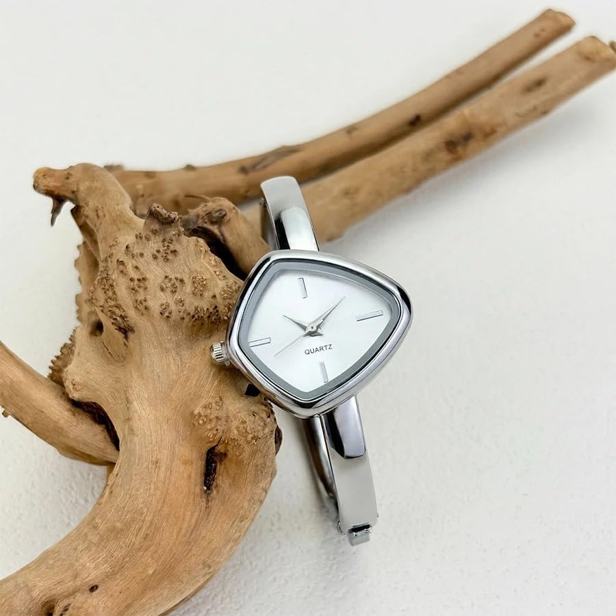 Image of Shocknshop Analog Triangle Dial Bangle Ladies Gold Tone Cuff Bracelet Strap Ladies Minimalist Quartz Watch for Woman -WCH192