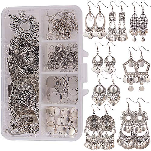 SUNNYCLUE 1 Box DIY 8 Pairs Traditional Ethnic Coin Chandelier Earrings Gypsy Lightweight Filigree Charms Connector Dangle Hoops Earrings Making Kit for Adults Women Girls