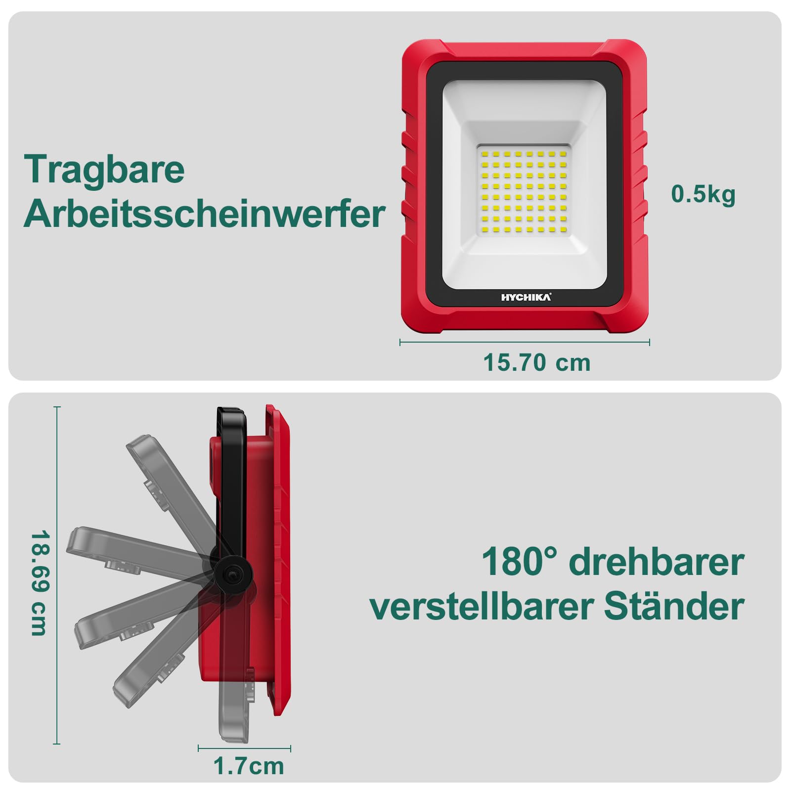 HYCHIKA reflektor LED akumulatorowy, 20 W, 2000 lm, 6500 K, z portami ładowania USB i typu C, wodoszczelność IP65, nadaje się na kemping, na plac budowy