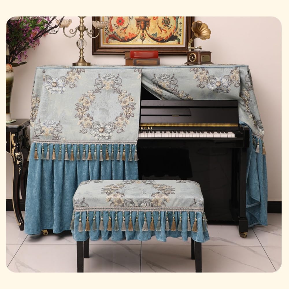 Copertura for pianoforte verticale, tessuto spesso blu, protezione completa, design con apertura centrale for la maggior parte dei pianoforti verticali(Piano Cover+Double Bench Cover)