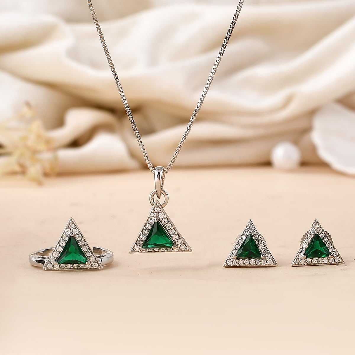 Green Triangle Cut CZ Jewelry Box Set