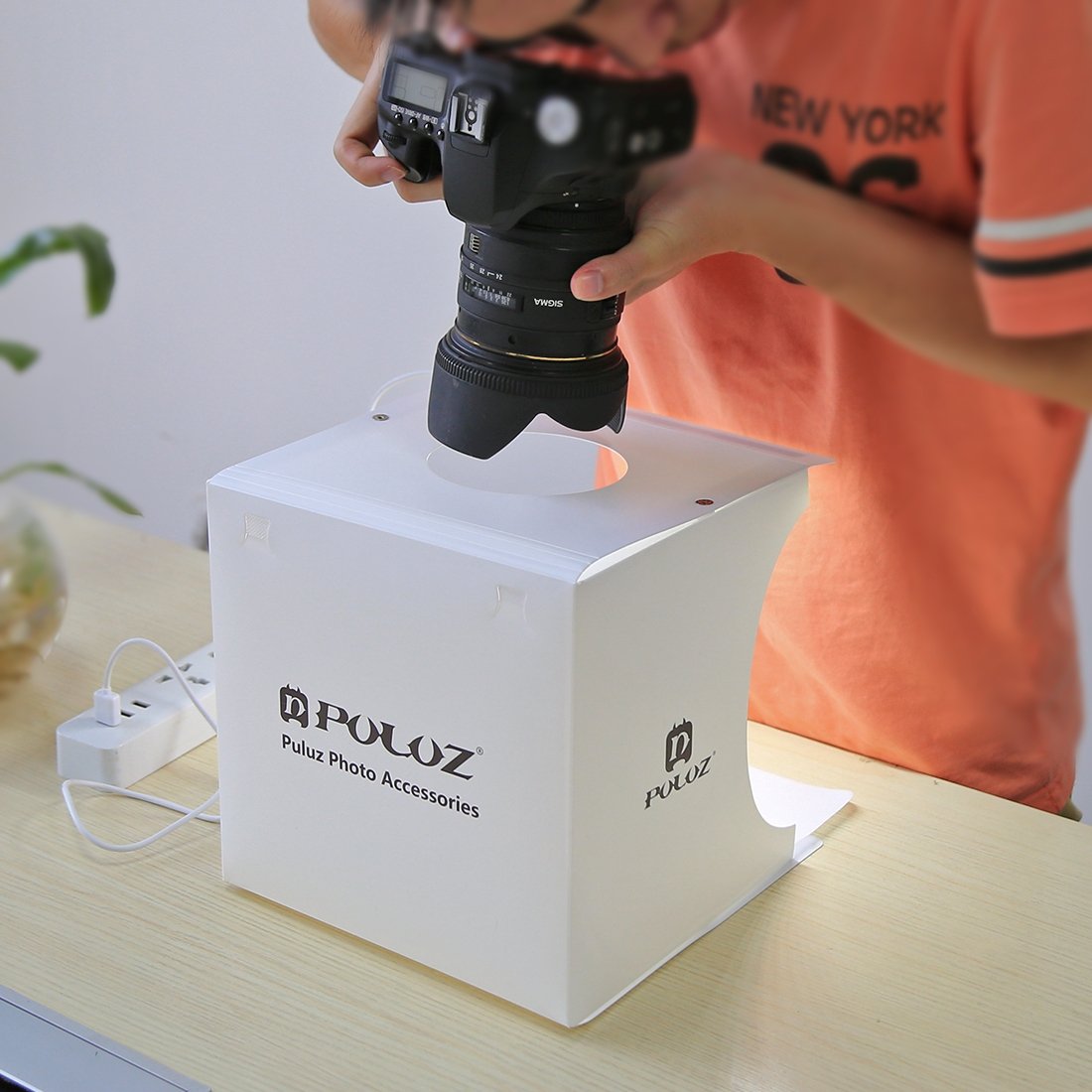 Mini Photo Studio Box, PULUZ 20cm Portable Photography Shooting Light Tent Kit, White Folding Lighting Softbox with 20 LED Lights + 6 Backdrops for Product Display