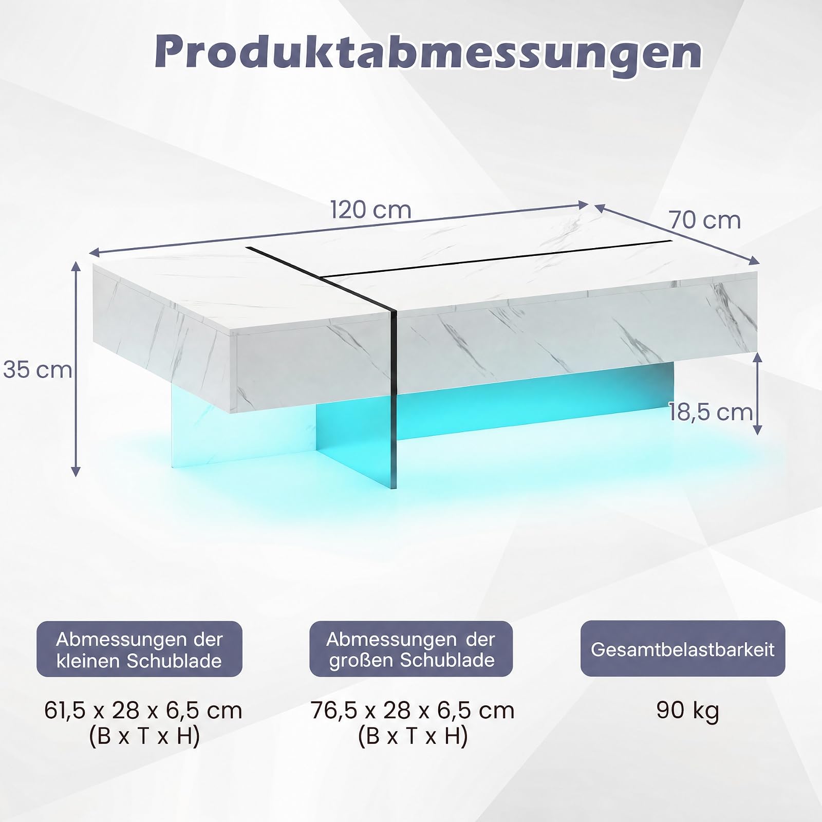 SOARS Mesa de Centro LED, Mesa Auxiliar Brillante con 3 Cajones de Almacenamiento, Iluminación Ajustable y Control Remoto, Mesa de Café Moderna para Salón Sofá, 120 x 70 x 35 cm (Blanco)