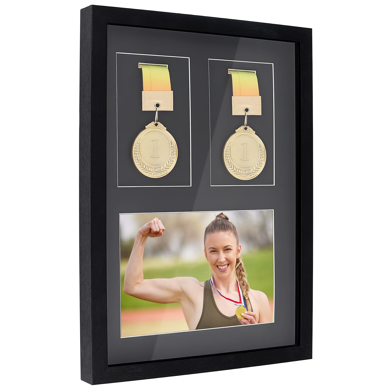 Cadre Vitrine pour Médailles Présentoir Boîte D'Ombre 3 en 1 Boîte de Rangement en Bois de 42x29.5cm pour Les Récompenses des Coureurs Dossards de Course All Sport Winner (Noire)