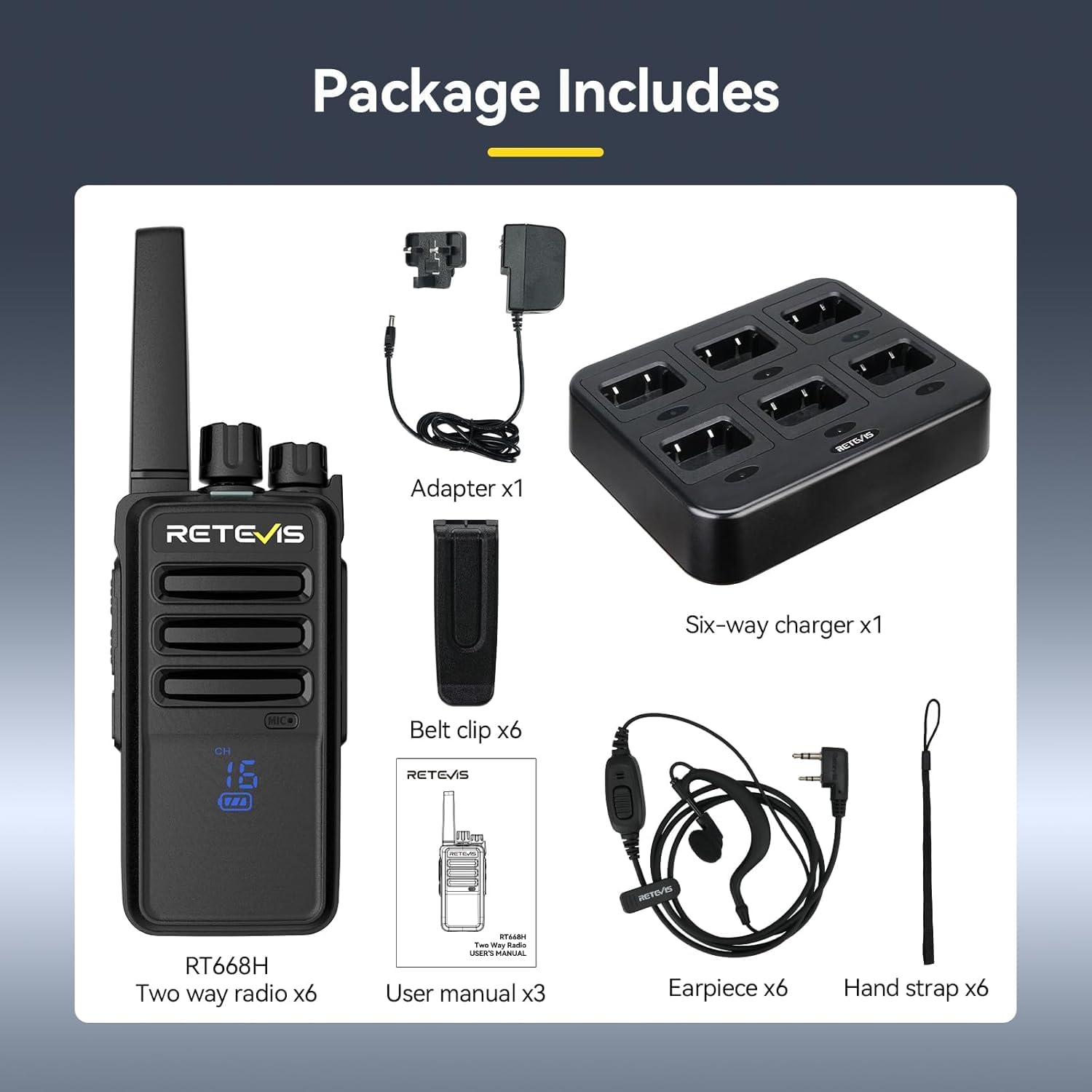 Retevis RT668H Walkie Talkies, 2 Way Radio with Screen, Long Range Walkie Talkies with 6 Way Charger, Rechargeable Radio Communication, PMR446 License Free for School, Security(6 Pack, Black) — view 9