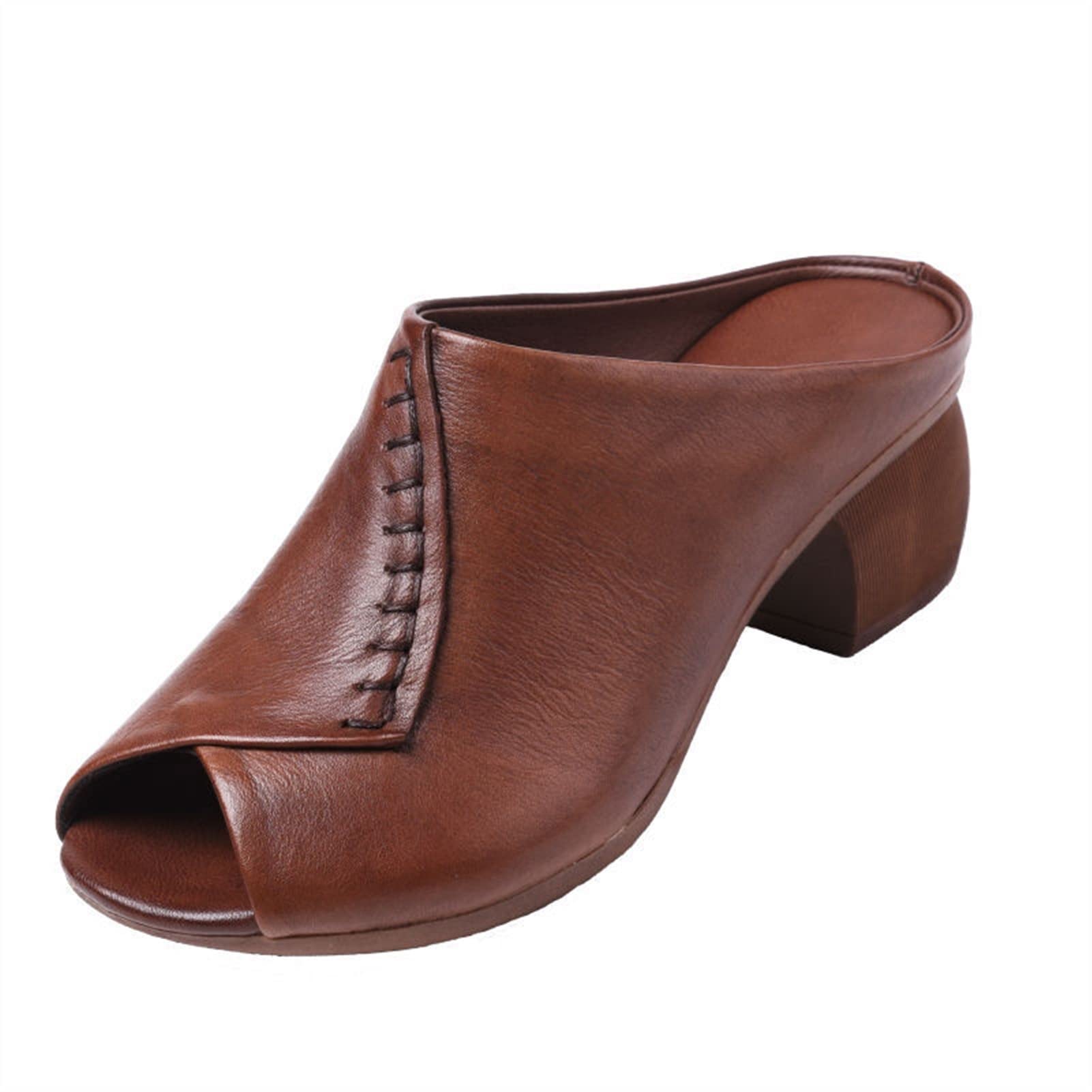 Letnie Kapcie Zewnętrzne Z Miękkiej Skóry W Stylu Retro Na Grubym Obcasie Miękka Podeszwa Na Średnim Obcasie Buty Dla Matki W Średnim Wieku Wygodne I Oddychające Sandały