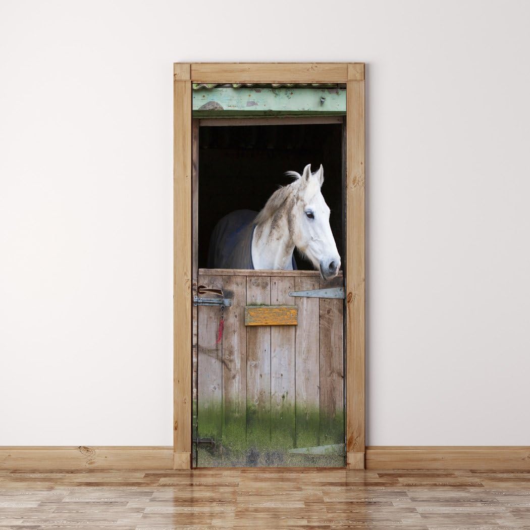 RoyalWallSkinsDoor Mural Wall Sticker White Horse in Stable - Bubble Free Version, Semi-Glossy, Self Adhesive Peel & Stick Door Wrap (30 x 80)