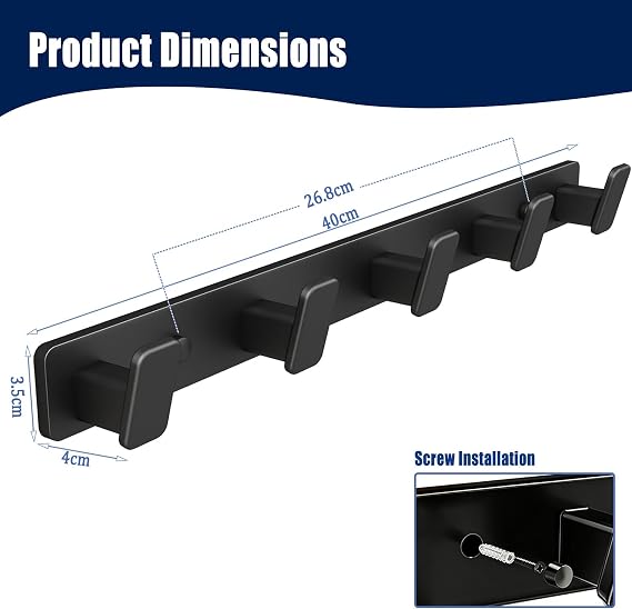 Aluminum Wall Mounted Coat Hook,Black 5 Coat Hooks,40cm,Screw Fixed
