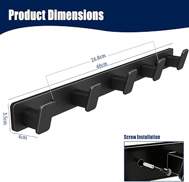 Aluminum Wall Mounted Coat Hook,Black 5 Coat Hooks,40cm,Screw Fixed