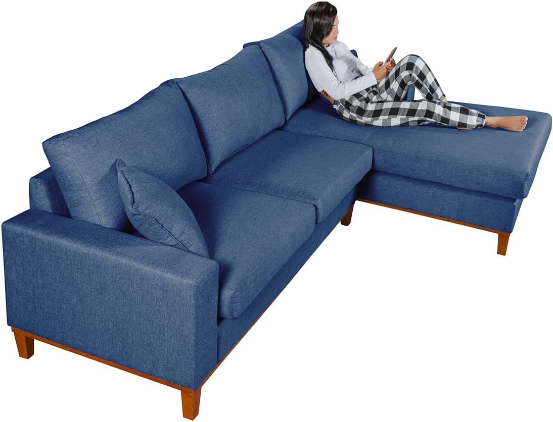 Sofá California 4 Lugares Living Chaise Linho Lado Esquerdo - Essencial Estofados (Azul)
