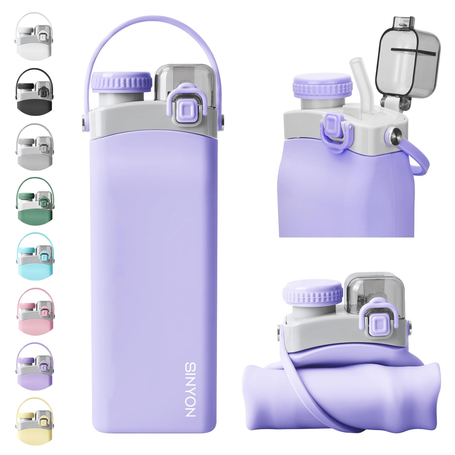 Rumyve Faltbare Silikon-Wasserflasche – 500 Ml, Auslaufsicher, BPA-frei, Mit Karabiner (Grau)