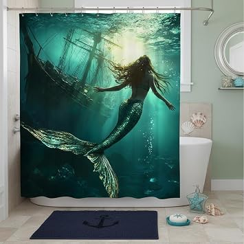 Mermaid Shower Curtain Vintage Fairy Tales Underwater Shipwreck Fantasy Nautical Pirate Ship Treasure Turquoise Ocean Bath Polyester Bathroom Curtains Set with Hooks 70"x70"