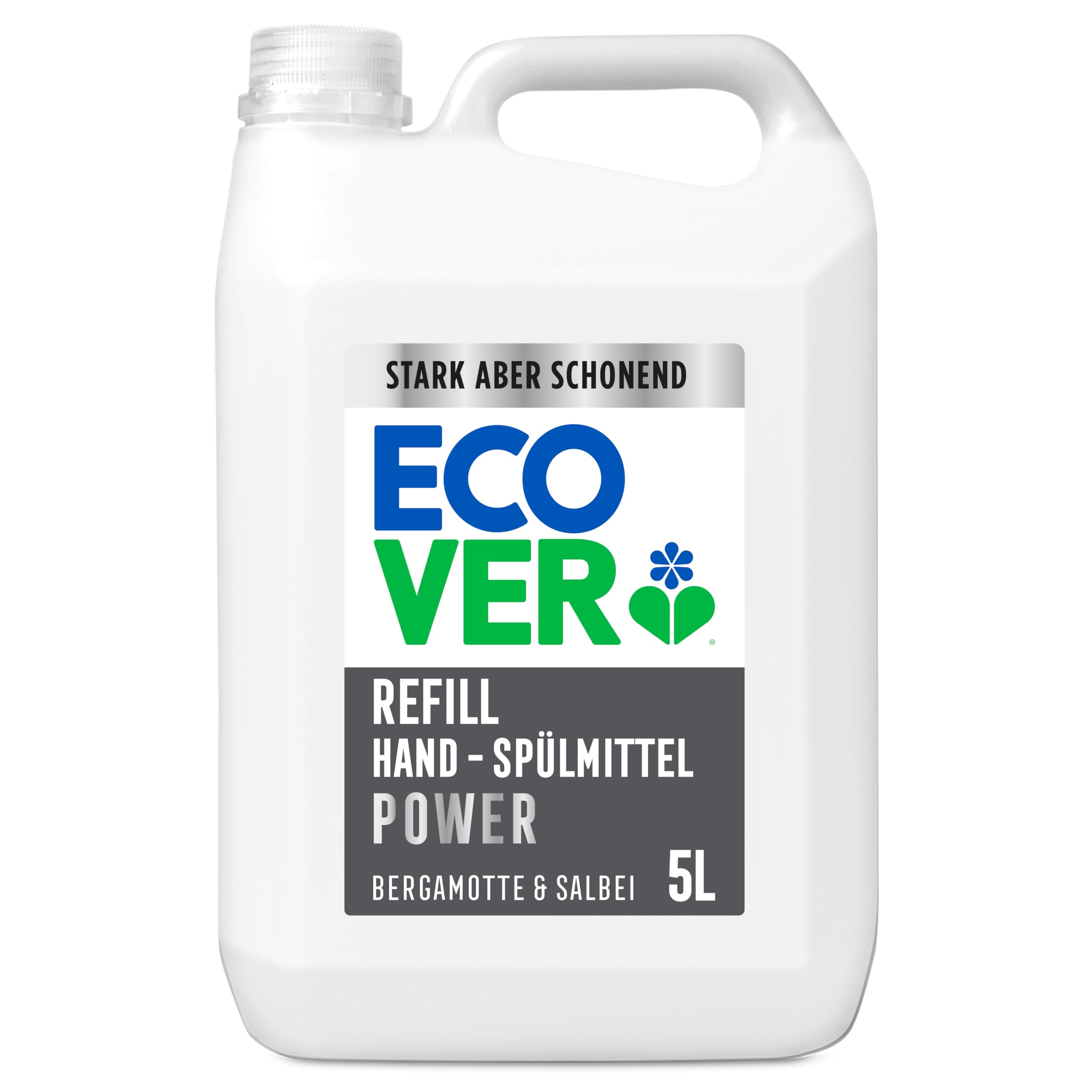 Ecover Power Hand‑Spülmittel Nachfüllpack, Geschirrspülmittel, stark gegen Fett und hartnäckigen Schmutz, frischer Bergamotte‑ und Salbei‑Duft, 1 × 5 l