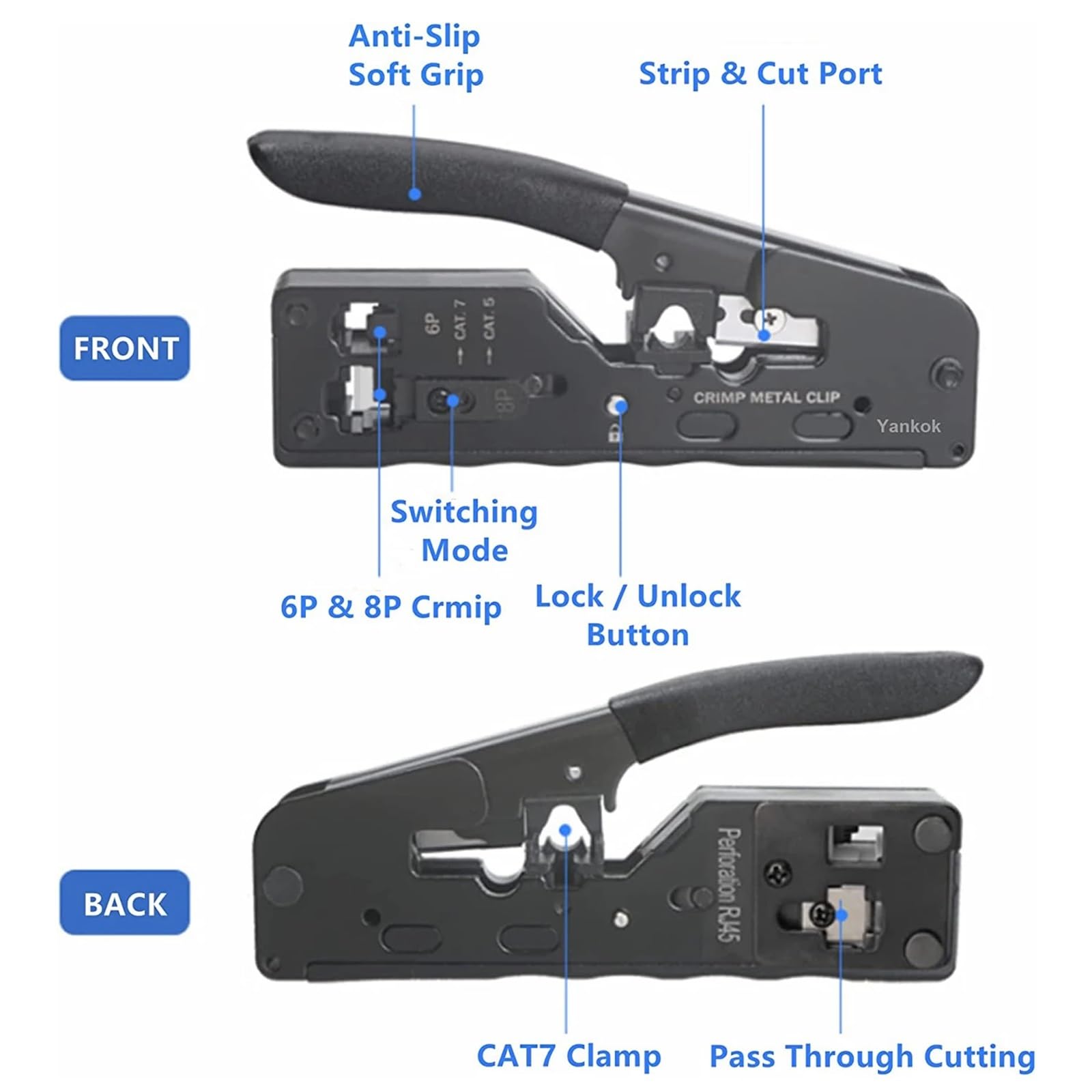 Crimpatrice passante all-in-one for connettori di rete standard e schermati RJ45 RJ12 RJ11 e CAT5/5e CAT6 CAT6a CAT7(Black)