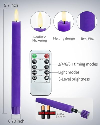 Miniatura 5 de SHYMERY Velas de Adviento sin llama, velas LED eléctricas de cera real, funcionan con pilas, con temporizador remoto, juego de 4 colores morado y