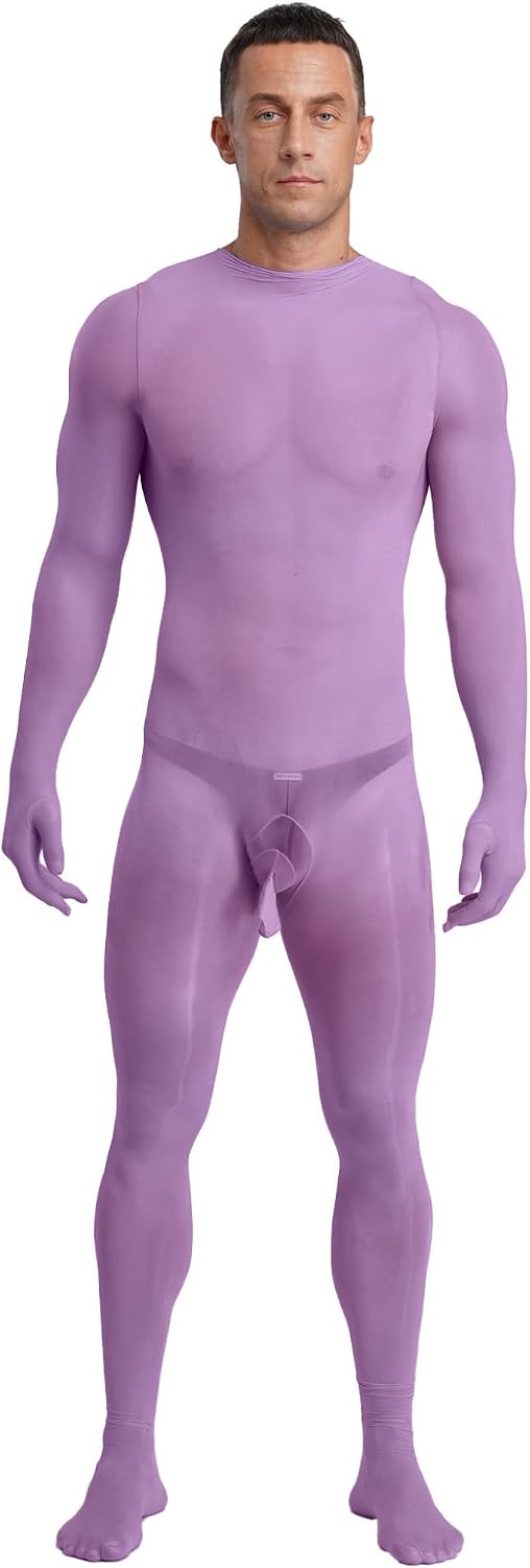 Mens Oil Glossy Full-body Bodysuit Long Sleeve Stretch Unitard Opening Sheath Bodystockings Jumpsuit