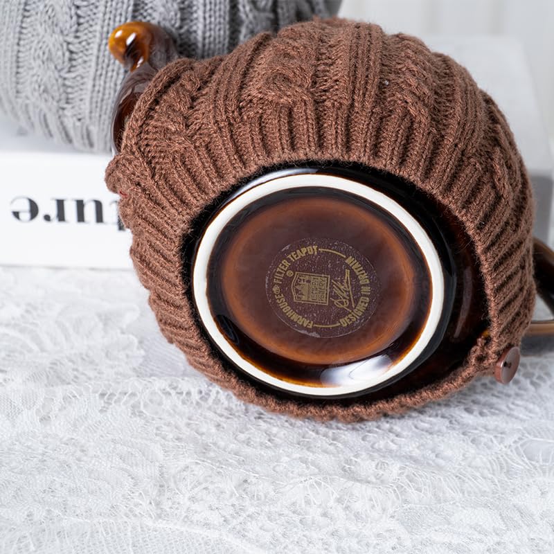 Image of One-Piece Cable Knit Teapot Cozy with Pom Pom Top, Acrylic Insulated Tea Pot Cover with 2 Button Fasteners & Lid Opening, British Style Hot Cold Insulator for 2 Cup 15-20oz Teapots,brown
