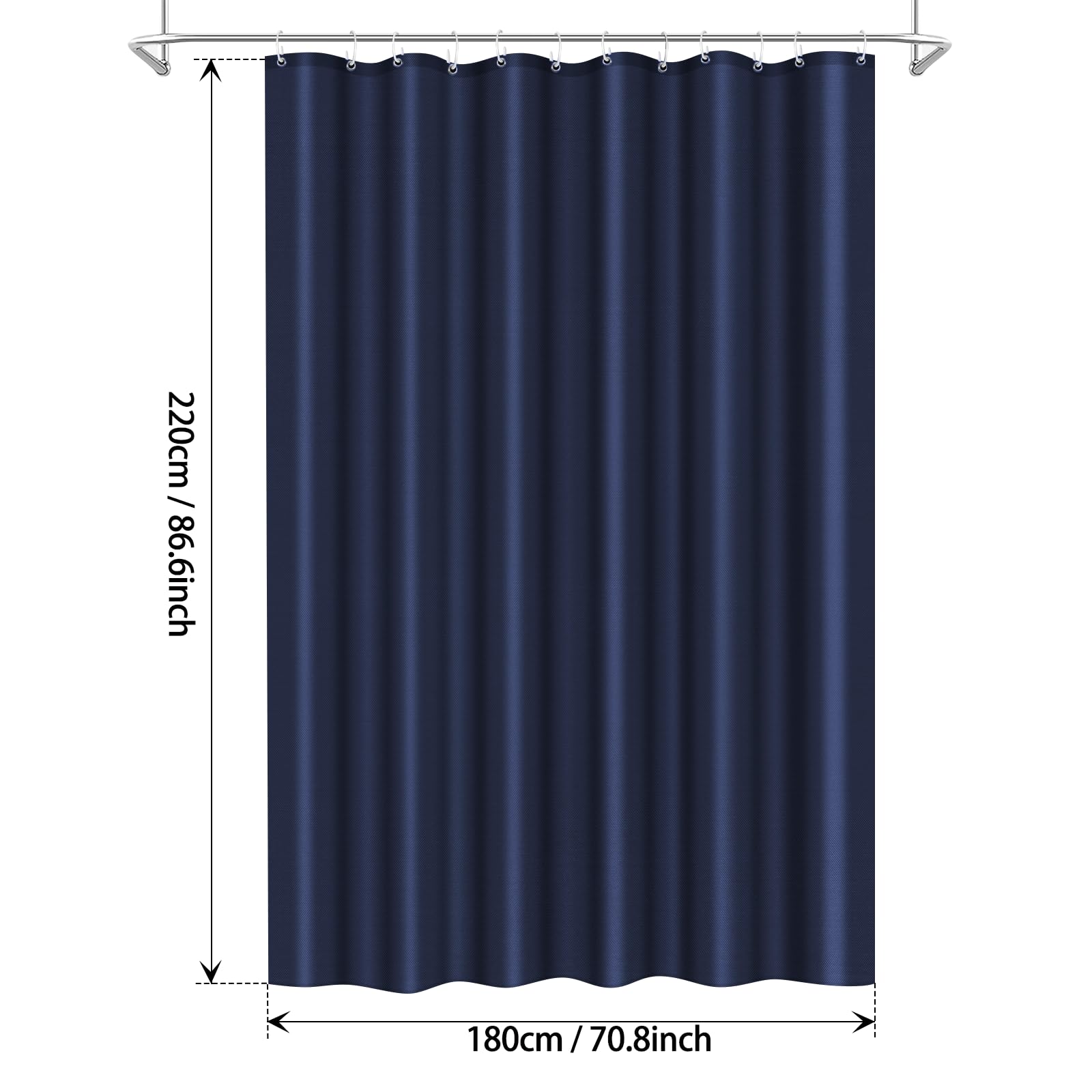 Tenda da doccia in poliestere 180 x 220 cm, anti-muffa per bagno, tenda per vasca da bagno e doccia in tessuto impermeabile e lavabile, con 12 ganci blu navy