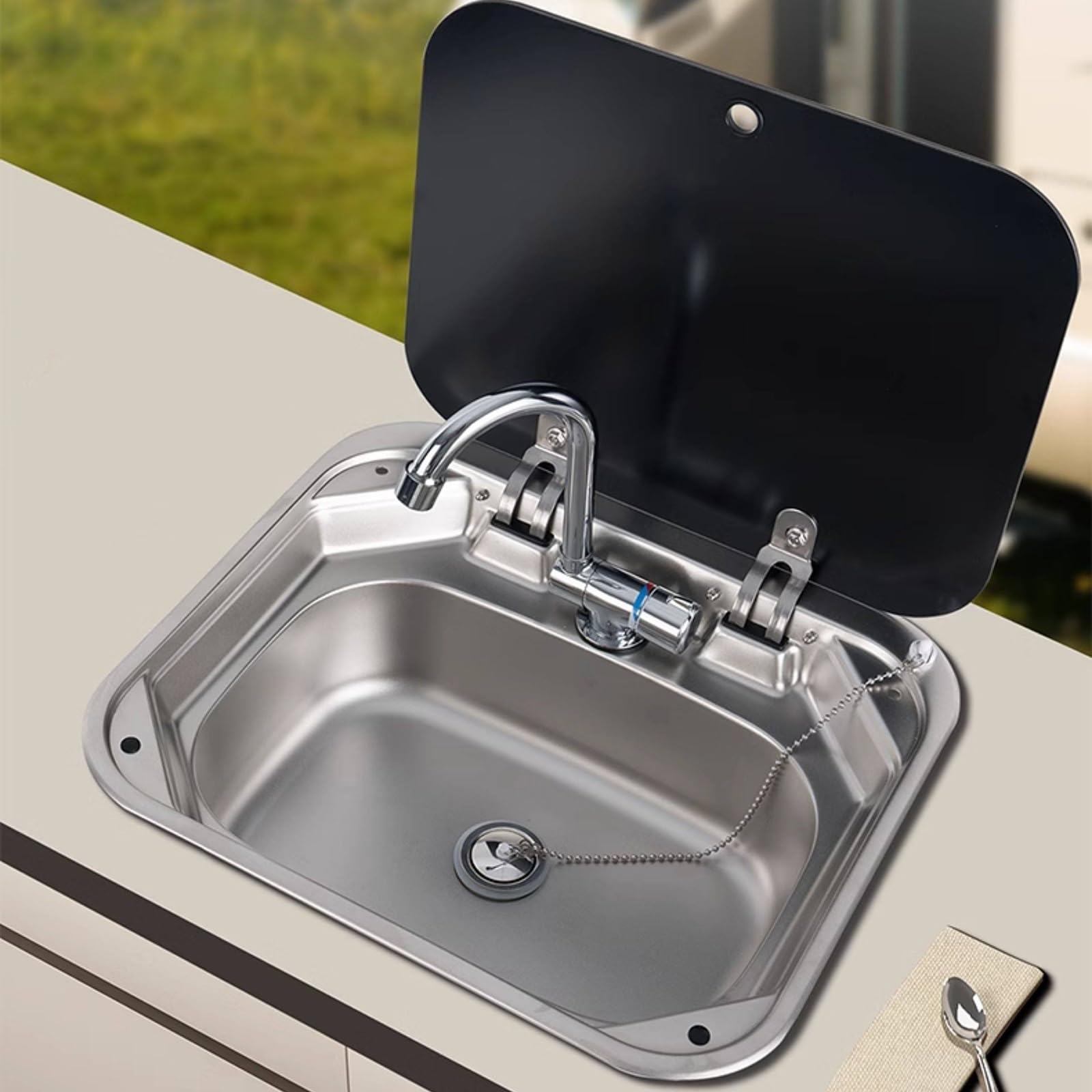 Small Outdoor RV Sink with Foldable Cold and Hot Faucet and Tempered Glass Lid, Stainless Steel Camper Sink