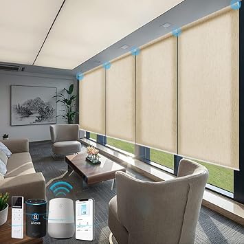 TIPIACE Hard-Wired Motorized Roller Blinds Compatible with Alexa via Hub, Remote Control Half Blackout Luxury Victoria Series Fabric Window Shades for Office HomeHalf Blackout- 5116
