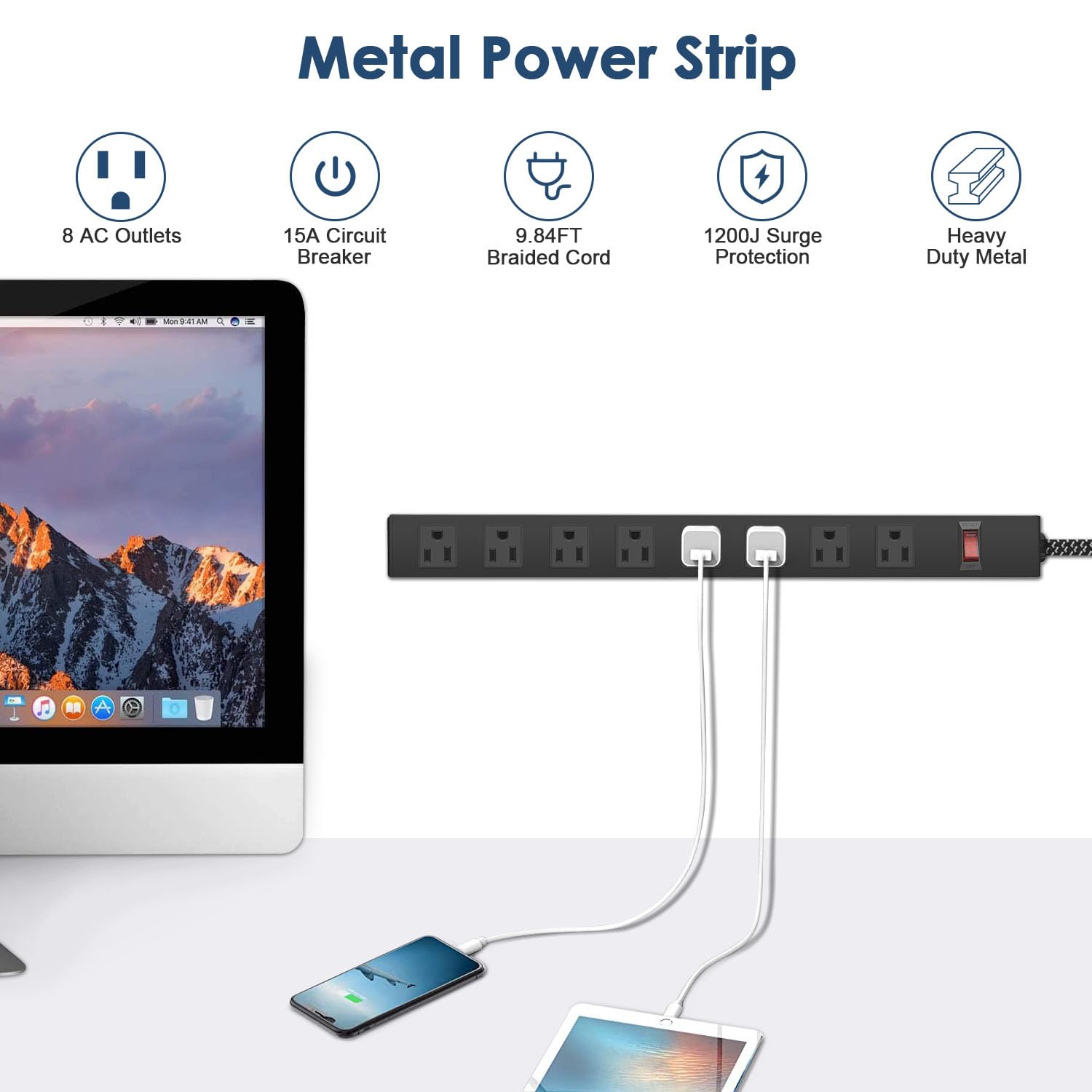Multiprise en métal avec 8 prises amovibles et robustes 3 m 14 AWG câble d'extension tressé pour la maison, le bureau, l'école, le magasin, le garage, le commerce