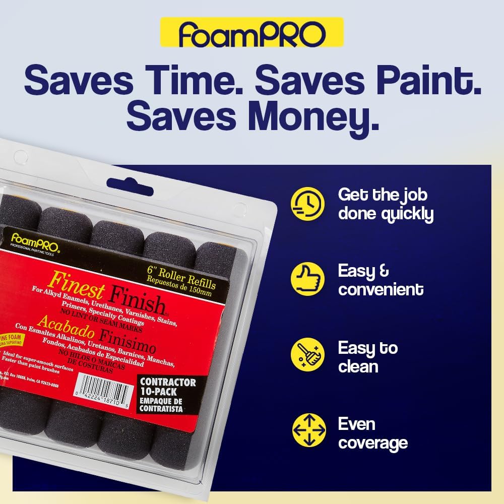 FoamPRO 187-10 Finest Finish Mini Foam PAint Roller Refills, Pack of 10